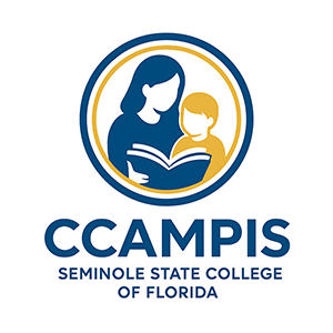 CCAMPIS Seminole State College of Florida logo of women in blue font reading a book to a child in yellow font inside a yellow and blue outlined circle.