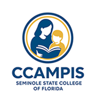 CCAMPIS Seminole State College of Florida logo of women in blue font reading a book to a child in yellow font inside a yellow and blue outlined circle.