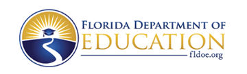 'Florida Department of Education fldoe.org'in blue and yellow font with a circular-shape logo of a yellow and blue path leading to a blue graduation hat in the sunset