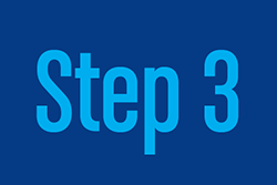 'Step 3' in light blue font on a royal blue background