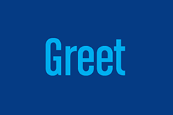 'Greet' in light blue font on a royal blue background