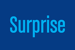 'Surprise' in light blue font on a royal blue background