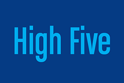 'High Five' in light blue font on a royal blue background