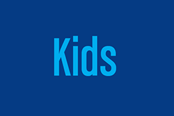 'Kids' in light blue font on a royal blue background