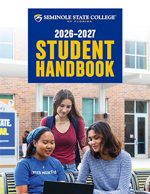 2026-2027 Seminole State College Student Handbook cover depicting three students (one standing and two seated on a bench) looking at a laptop together, outside the Sanford/Lake Mary Student Center building.