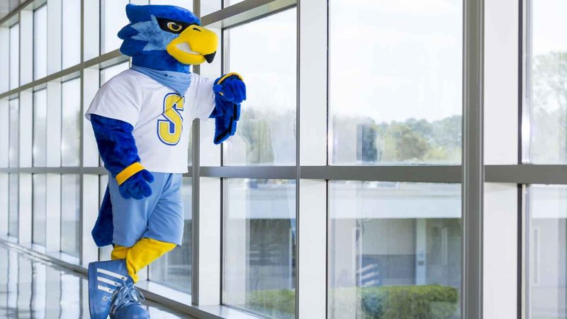 The Seminole State mascot looks out a window on campus.