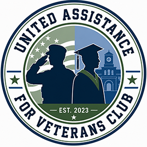 'United Assistance for Veterans Club' in dark blue font surrounding a dark blue outlined image a solider silhouette saluting with white stars and stripes on a light-green background and  another silhouette of a student standing in front of a campus building on a light blue background with 'Est. 2023' in white font below the images.
